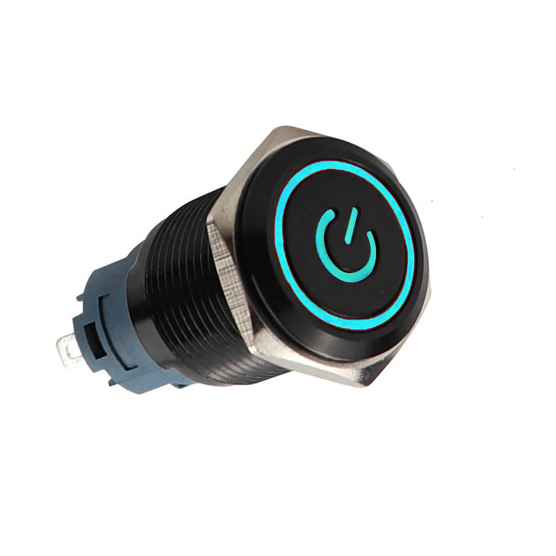 Push schakelaar blauwe verlichting - 19mm - Power symbool Push schakelaar blauwe verlichting - 19mm - Power symbool